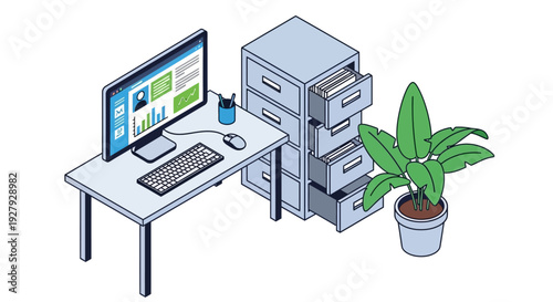 Modern office workspace with computer and filing cabinet.