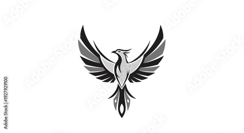 Soaring phoenix graphic emblem with extended wings isolated on white background