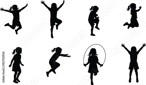 Vector Silhouette Set Featuring Little Girl Figures Jumping Running and Skipping Rope Expressing Active Childhood and Joy