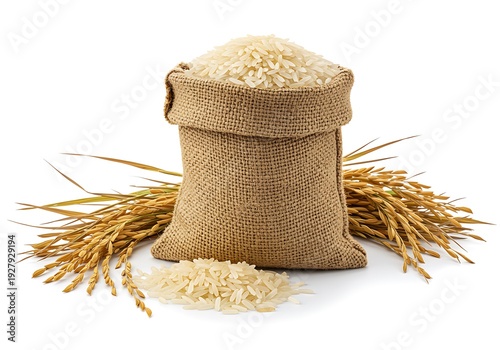 Burlap sack filled with rice grains and wheat stalks