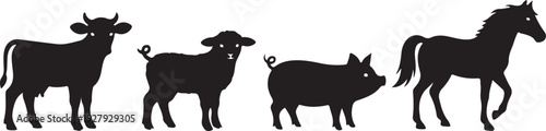 Set of four farm baby animal silhouettes including calf, lamb, piglet and foal, isolated on white background