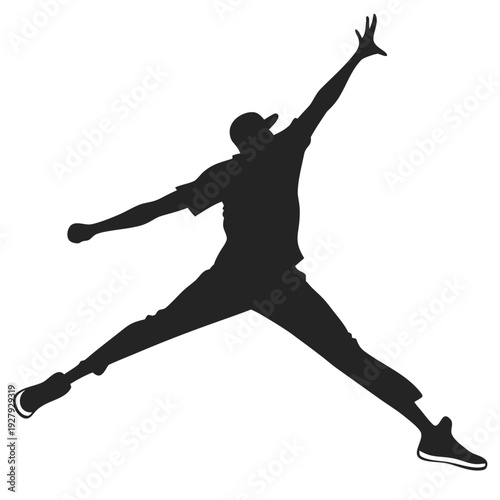 Iconic silhouette of a dynamic individual in mid-air jump pose, exuding energy