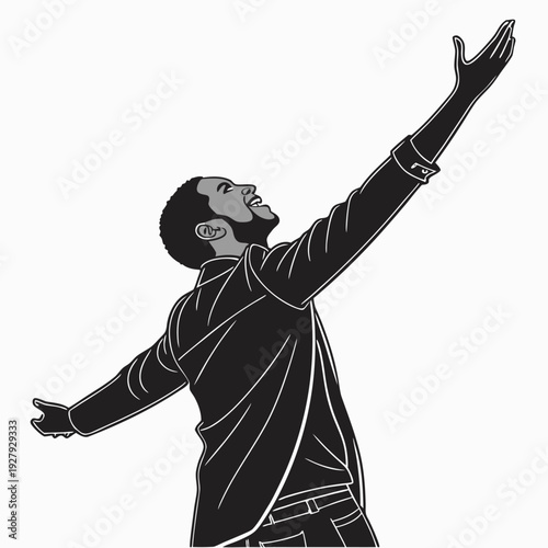 Exuberant man embracing success and happiness with open arms, symbolizing freedom and achievement