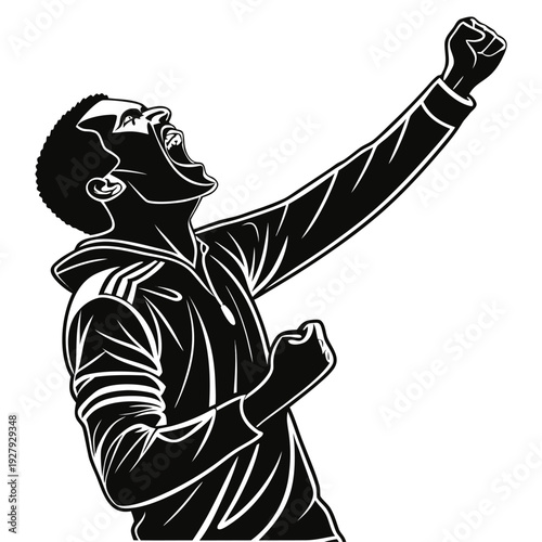 Vector graphic depicting an ecstatic person raising an arm in a gesture of victory and achievement