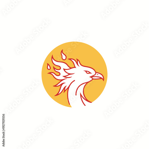 A stylized white bird with red fiery accents on a yellow circle