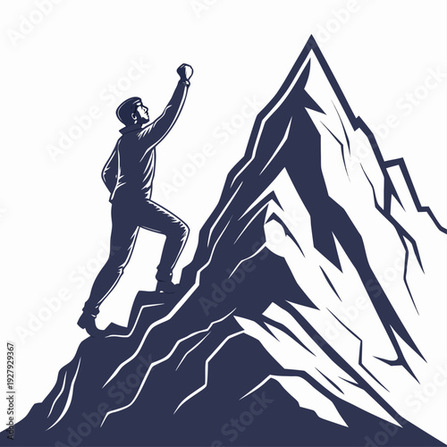 Man climbing a mountain peak, symbolizing success, achievement, and reaching goals