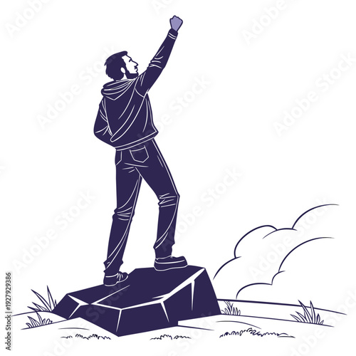 Illustration of a determined man standing on a rock with his fist raised in victory