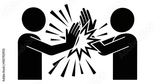 A black and white illustration depicts two figures colliding with a burst of energy