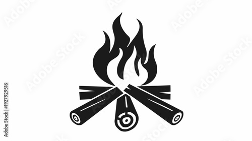 Black and white illustration of a campfire with burning flames and logs