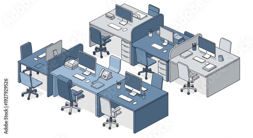 Isometric office workspace with multiple workstations and cubicles.