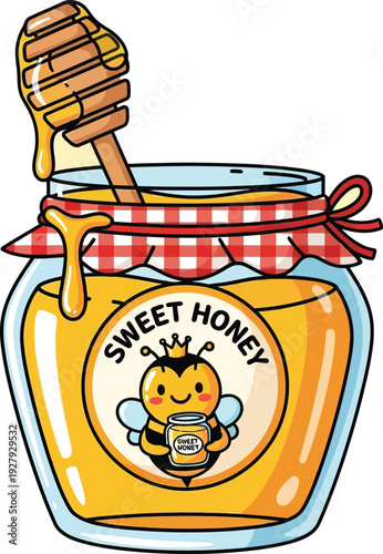 Honey jar with bee and honey dipper sweet yellow 1