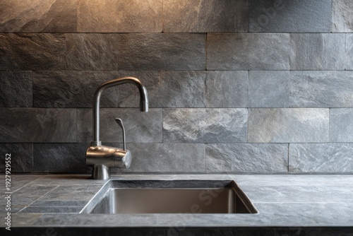 Modern kitchen sink with a sleek faucet and slate backsplash.