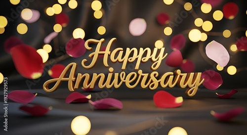 Golden Happy Anniversary Text with Rose Petals and Bokeh Lights Celebration