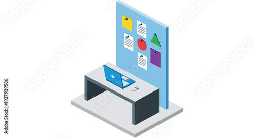 Isometric illustration of a computer workstation with a monitor displaying various colorful icons.
