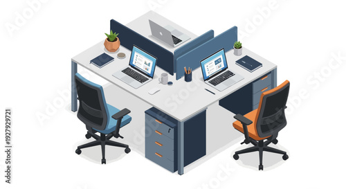 Modern office workstation with computers and ergonomic chairs.