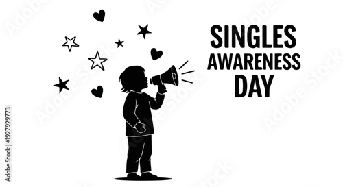 Silhouette of a child announcing singles awareness day with stars and hearts