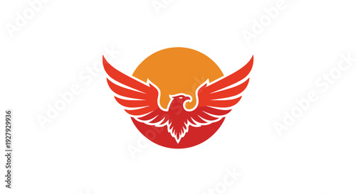 Stylized red bird logo with outstretched wings and orange sun backdrop