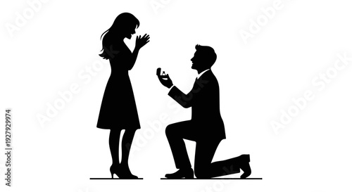 A silhouetted scene depicts a man proposing marriage to a surprised woman