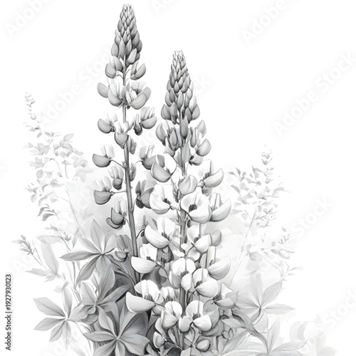 Graceful lupines rise like slender candles, revealing delicate petals in a soft, chiaroscuro effect. Wildflowers. Monochrome Palette