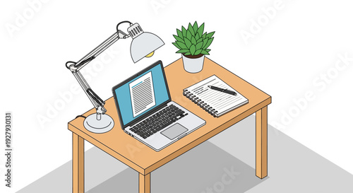 Modern wooden desk with laptop and office supplies illustration.