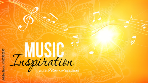 Abstract summer music banner with bright beam light, beautiful mandala, treble clef, musical notes and curved staff ribbon. Soft light, harmony and creativity concept.