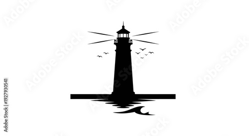 Silhouette of lighthouse with birds and sea waves against white background