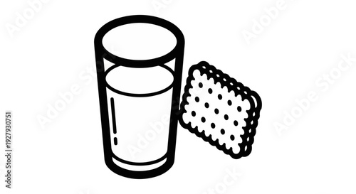 A simple black and white illustration depicting a glass of milk and a biscuit