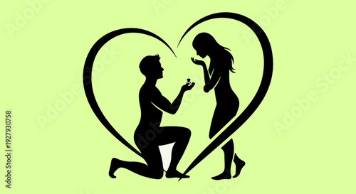 A romantic proposal scene featuring a couple silhouetted within a heart shaped frame