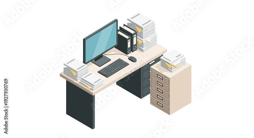 Isometric office workspace with computer and filing cabinet.