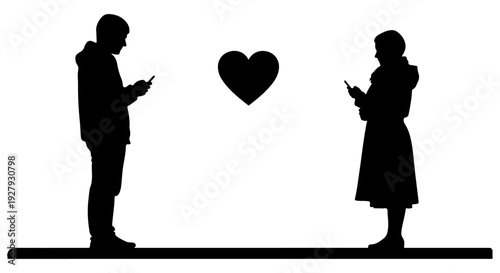 A couple connecting through smartphones with a heart symbol between them