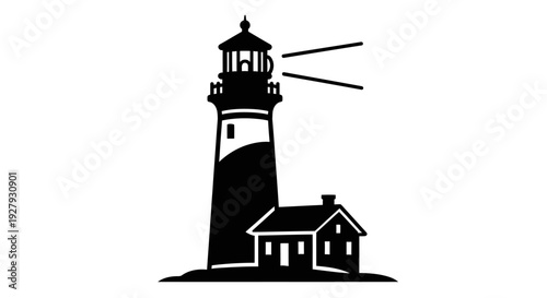 Black and white illustration of a lighthouse with a small building nearby