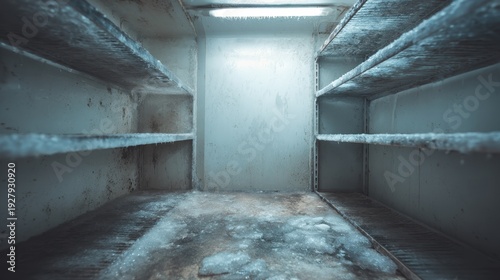 Empty industrial walk-in freezer room with frost on metal shelves and ice on the floor