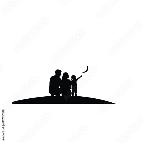 Family Silhouette Gazing at Crescent Moon on Hilltop