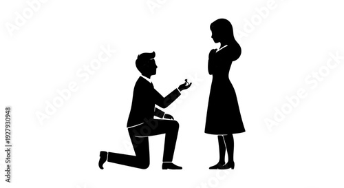 A silhouette depicts a man proposing marriage to a woman in a simple design