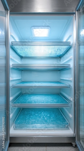 Empty, modern stainless steel refrigerator with ice on shelves and bright LED interior light