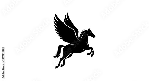 Silhouette of a winged horse rising with outstretched wings on white background