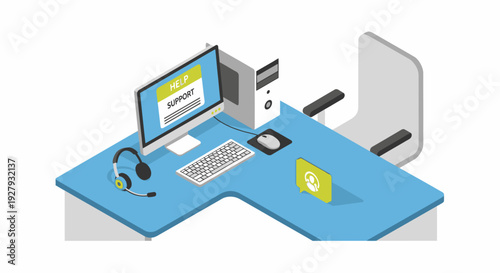 Modern office workspace with computer and accessories on blue desk.