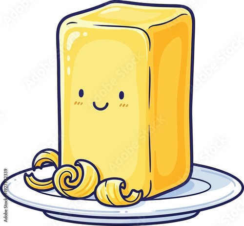 Smiling block of butter on a plate with curls cartoon 1