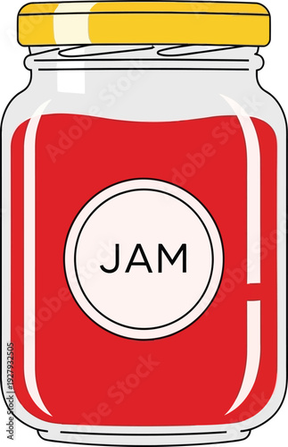 Red jam in a glass jar with yellow lid and label 1