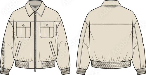 Technical fashion sketch of a beige zip up bomber jacket template front back views cad drawing flat vector illustration mockup