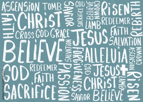Christian religious word cloud with faith terms like Jesus, Christ, Believe and Resurrection on blue background.