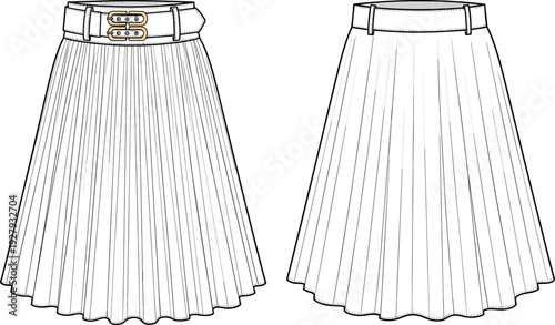 Technical fashion sketch of a womens pleated A-line skirt with belt and buckle detail cad drawing flat vector illustration
