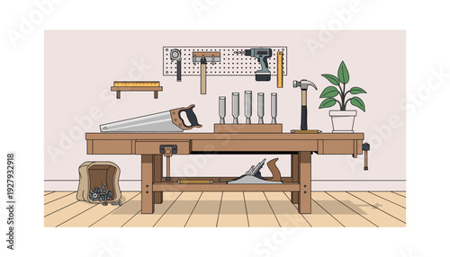 Cozy workshop with tools on wooden workbench and plant