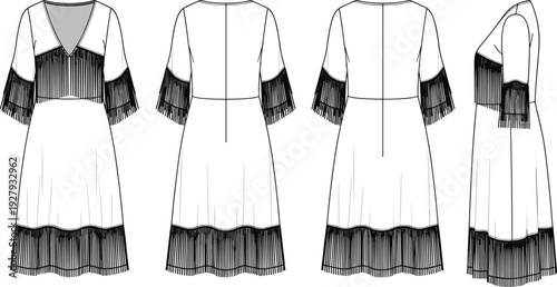 Technical fashion sketch of a womens midi dress with fringe details front back side views cad drawing flat vector illustration