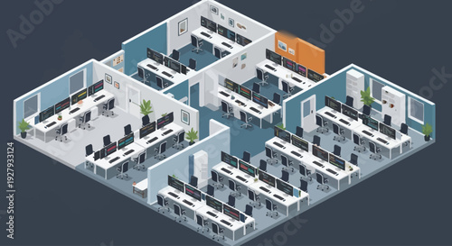 Modern office space with cubicles and workstations.