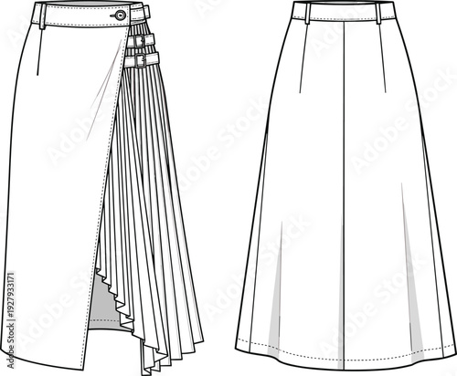 Technical fashion sketch of women pleated kilt wrap skirt with buckle details front back views cad drawing flat vector illustration