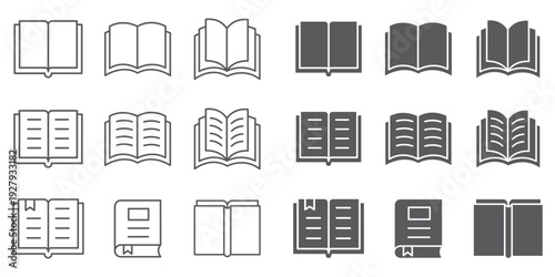Book and open textbook icon set. Linear book icon set with paper pages outline vector illustration. eps 10