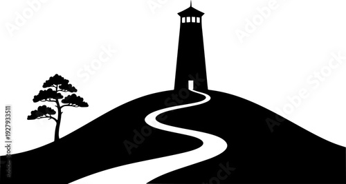 Forest Watchtower on Hilltop Silhouette - Lookout Tower and Wilderness Observation Vector