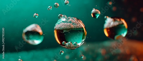 A close-up view of bubbles floating in water, with a focus on their shapes and reflections. The lighting is soft, creating a gentle glow around each bubble.