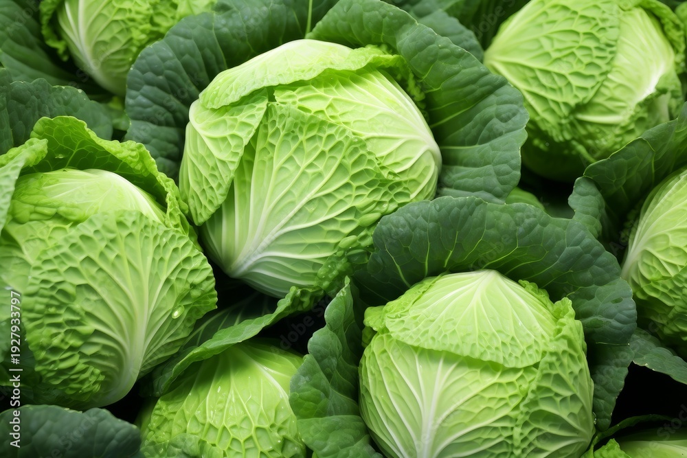 Fototapeta premium Green savoy cabbage heads filling the frame, showing organic texture and healthy produce